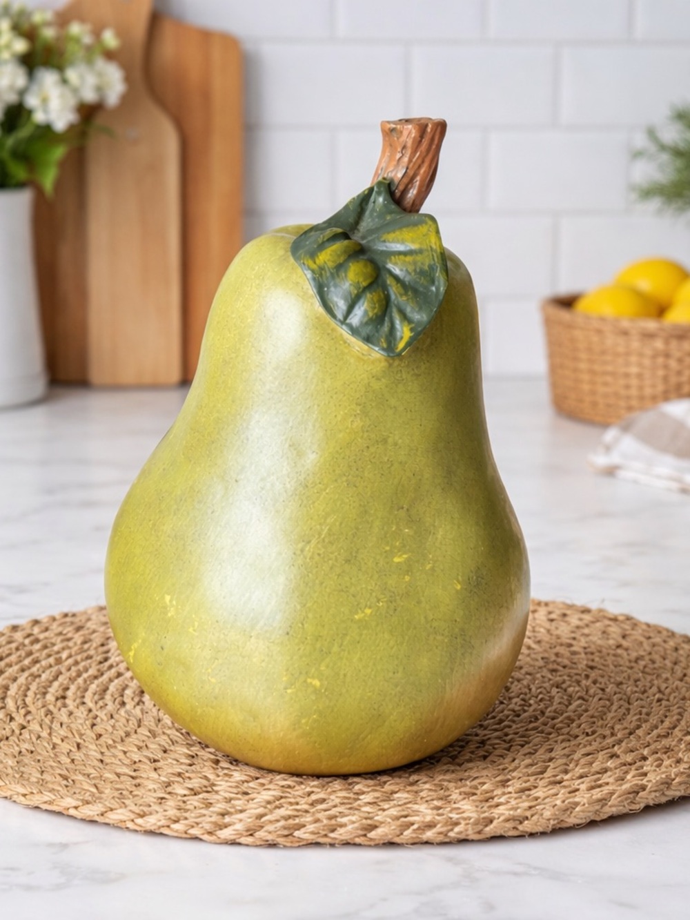 Pear Figurine Large 10” Green Fruit Decor Kitchen Table Centerpiece Decor